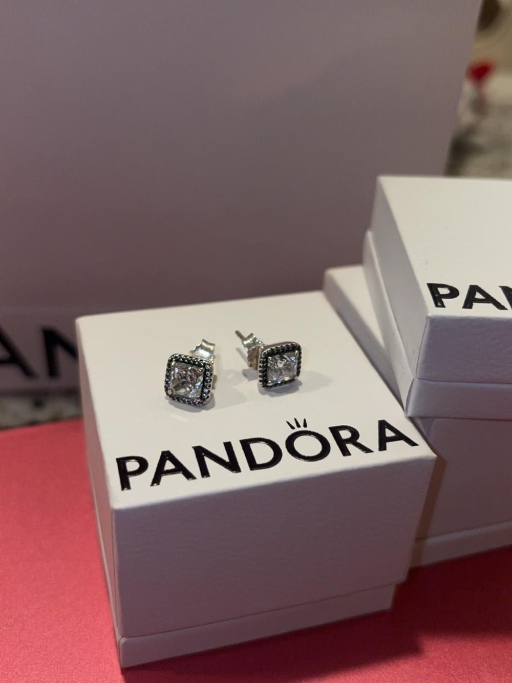 Pandora Silver Square Halo Stud Earrings - Clear Stones